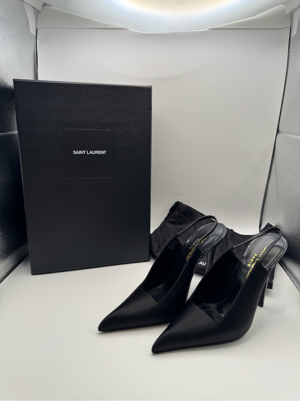 Saint Laurent Raven 110 Black Satin Slingback Pumps – Size 34